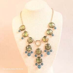 Statement Bib Necklace Faceted Blue Green Foil Stones Beads In Silver Tone Metal